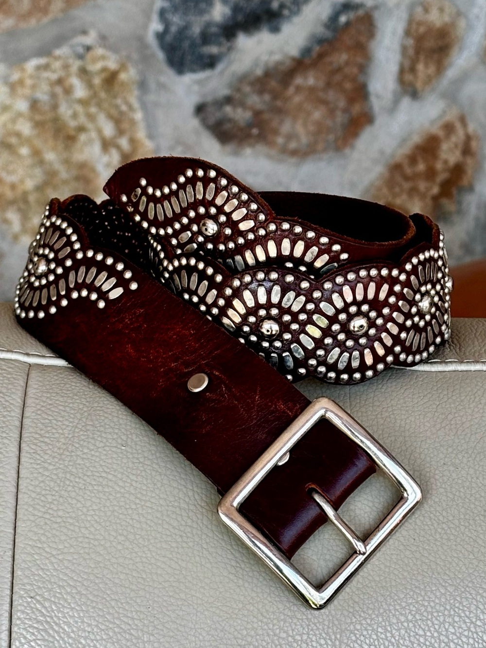 Rare Caleen Cordero (32) Topaz Brown Leather Studded Belt / Square Brass Buckle